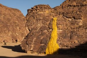 [Serge Attukwei Clottey][0], _Gold Falls_. Exhibition view: Desert X AlUla 2022 (11 February–30 March 2022). Courtesy the artist and Desert X AlUla. Photo: Lance Gerber.


[0]: https://ocula.com/artists/serge-attukwei-clottey/